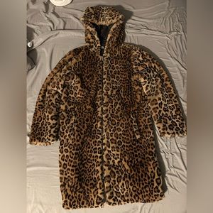 Zara Trafaluc Leopard Print Faux Fur Zip-Up Hooded Coat